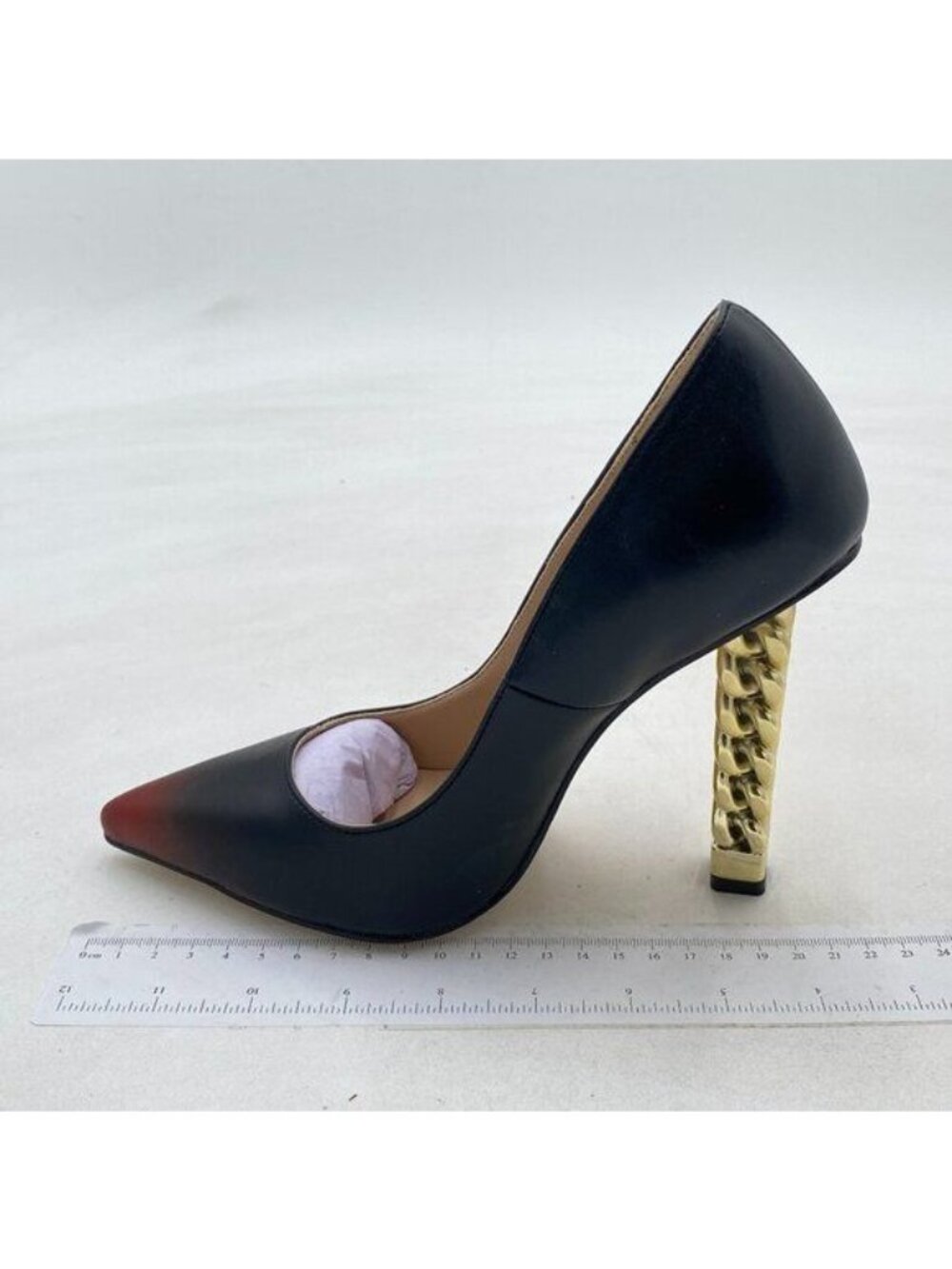 Black Metal Chain Chunky High Heel Pointed Toe Slip On Party Prom Pumps Shoes